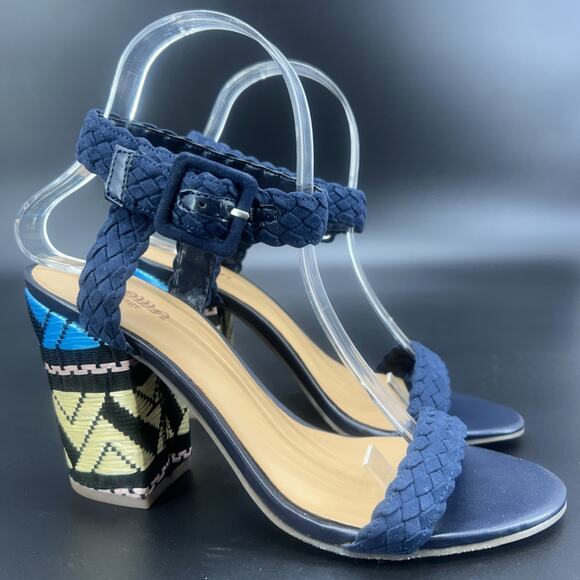 New Crown Vintage Cadence Womens 8M Aztec Navy Block Heel Open Toe Braid Sandal - Picture 1 of 10